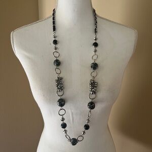 Vintage stone necklace Black and Silvertone Beaded 20”